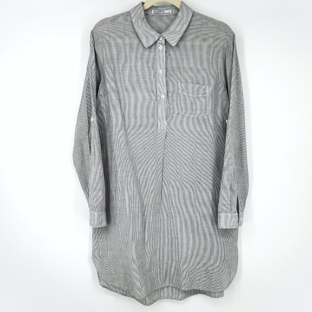 Stateside Striped Cotton Popover Shirt Dress Grey/White Small - Picture 9 of 9